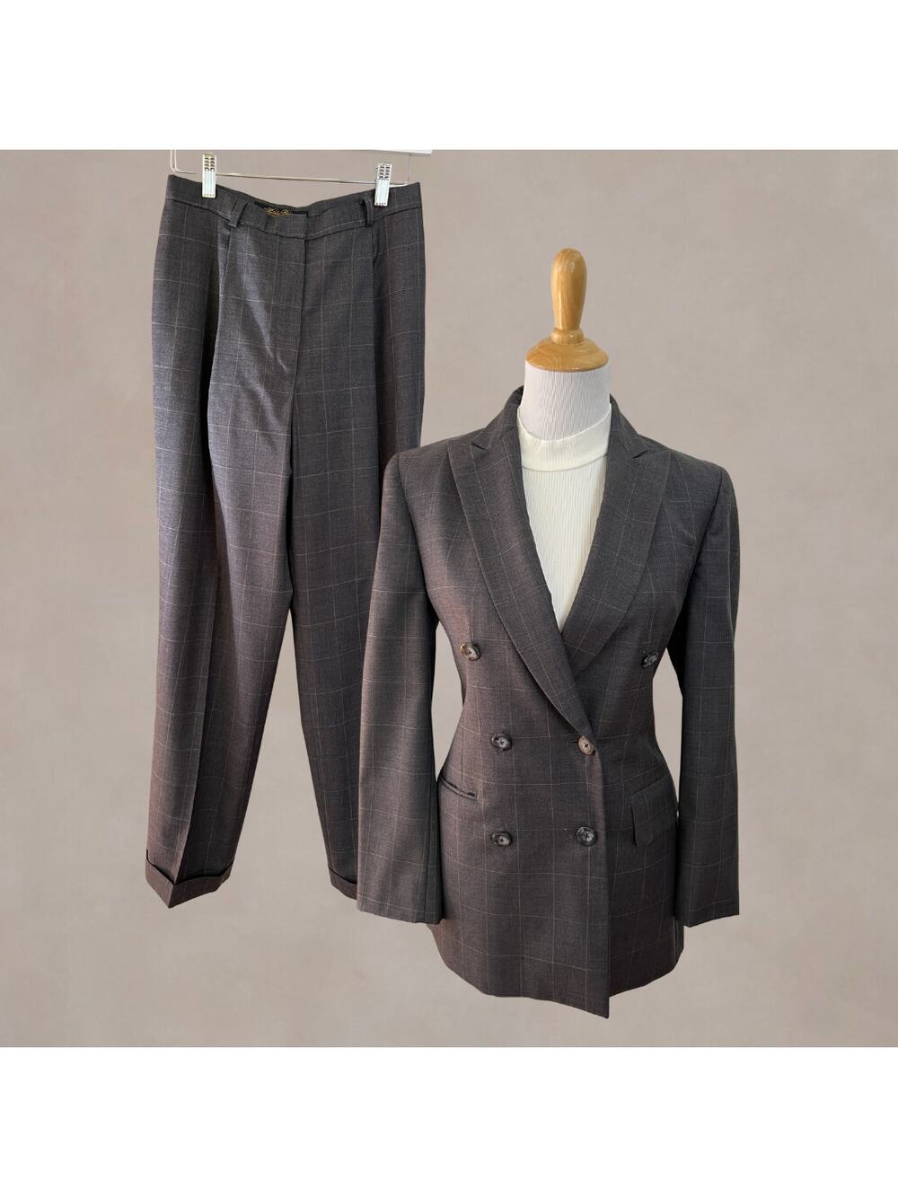 Vintage 90s Brooks Brothers Wool Pantsuit Gray Plaid Longline Blazer Made USA 4